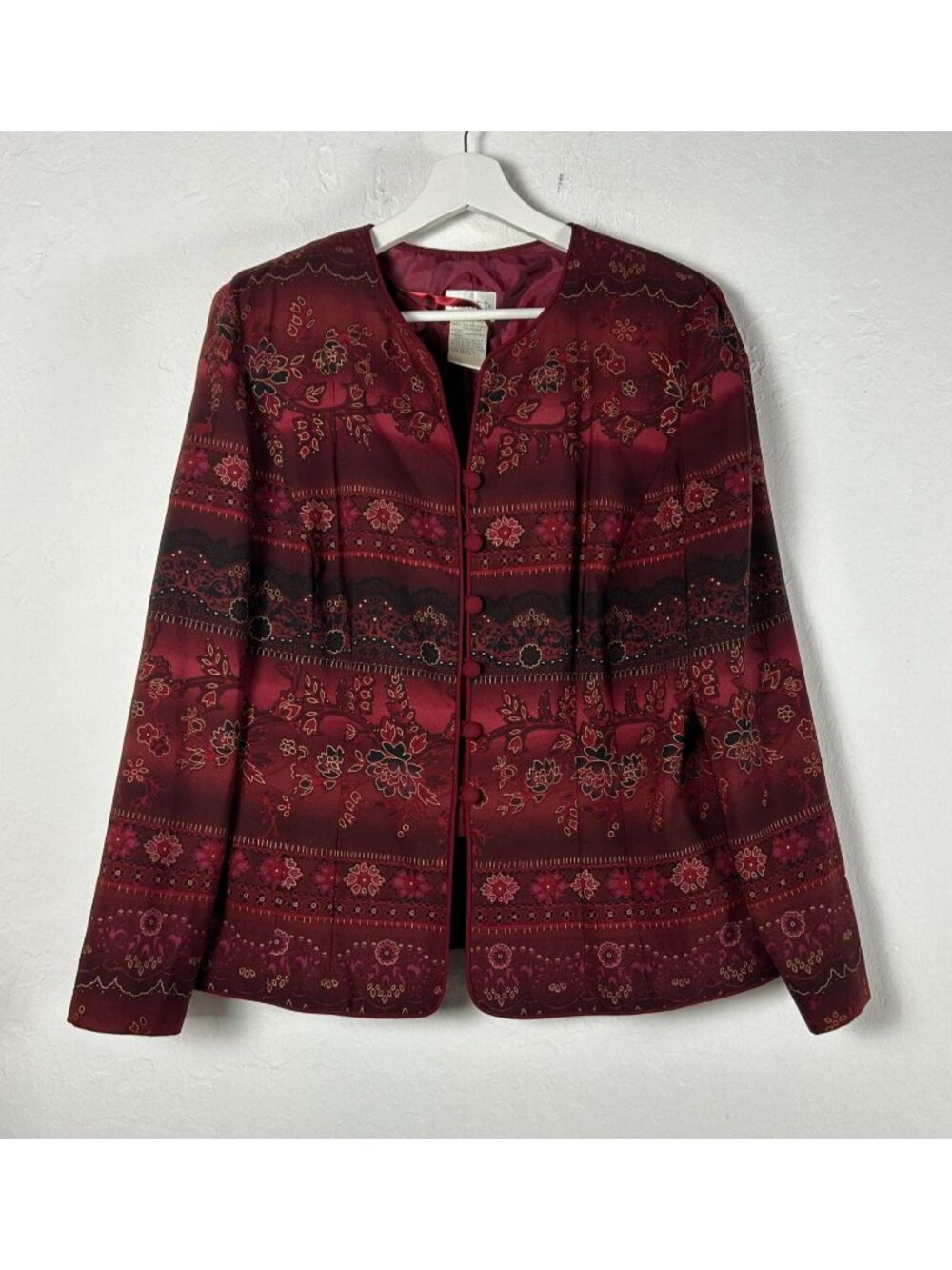 Vintage Koret Women's Floral Tapestry Jacket Burgundy Red Boho Artwear Size 16